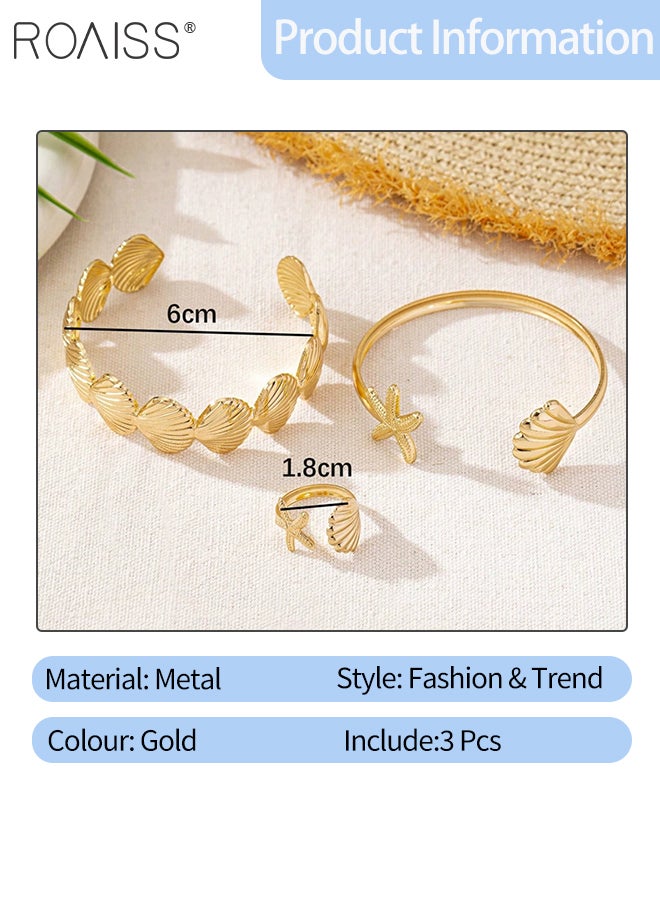 رويس طقم مكون من 3 قطع من سوار وخاتم على شكل صدفة نجم البحر المعدنية، بفتحة قابلة للتعديل، تصميم أنيق وبسيط مناسب للارتداء اليومي، والحفلات، والإجازات، وإطلالة الشاطئ - Image 2