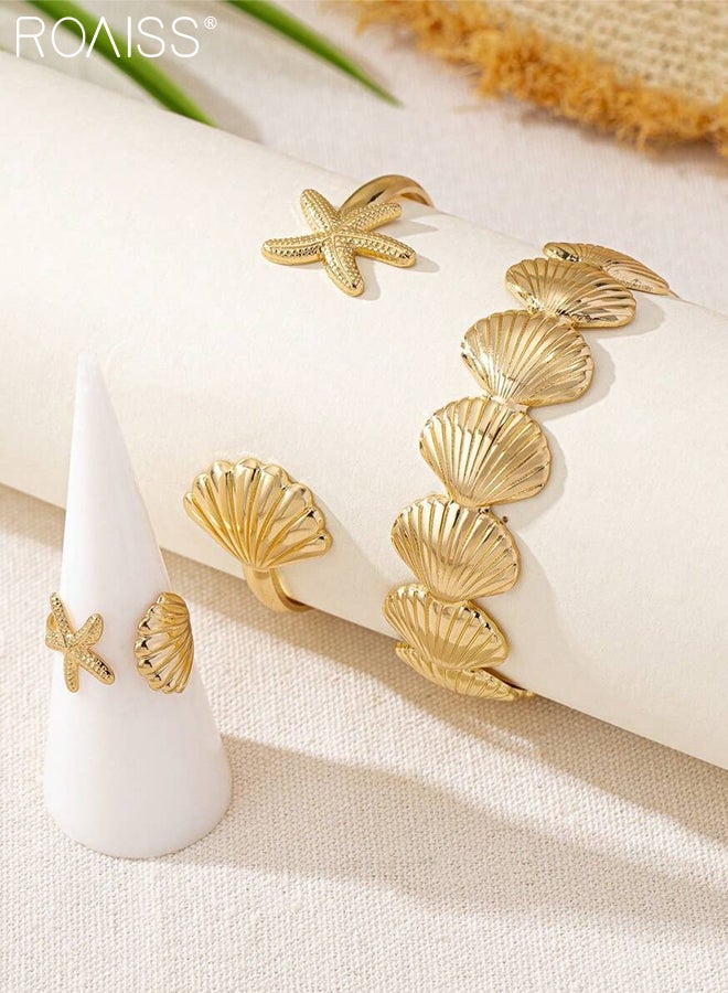 رويس طقم مكون من 3 قطع من سوار وخاتم على شكل صدفة نجم البحر المعدنية، بفتحة قابلة للتعديل، تصميم أنيق وبسيط مناسب للارتداء اليومي، والحفلات، والإجازات، وإطلالة الشاطئ - Image 5