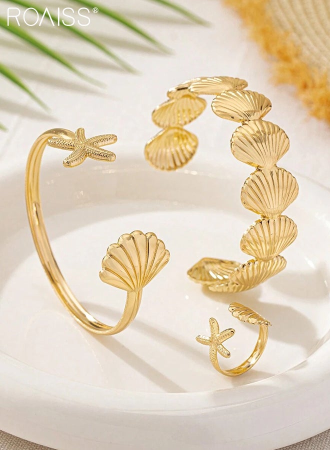 رويس طقم مكون من 3 قطع من سوار وخاتم على شكل صدفة نجم البحر المعدنية، بفتحة قابلة للتعديل، تصميم أنيق وبسيط مناسب للارتداء اليومي، والحفلات، والإجازات، وإطلالة الشاطئ - Image 3