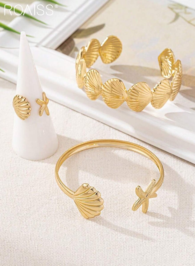 رويس طقم مكون من 3 قطع من سوار وخاتم على شكل صدفة نجم البحر المعدنية، بفتحة قابلة للتعديل، تصميم أنيق وبسيط مناسب للارتداء اليومي، والحفلات، والإجازات، وإطلالة الشاطئ - Image 4