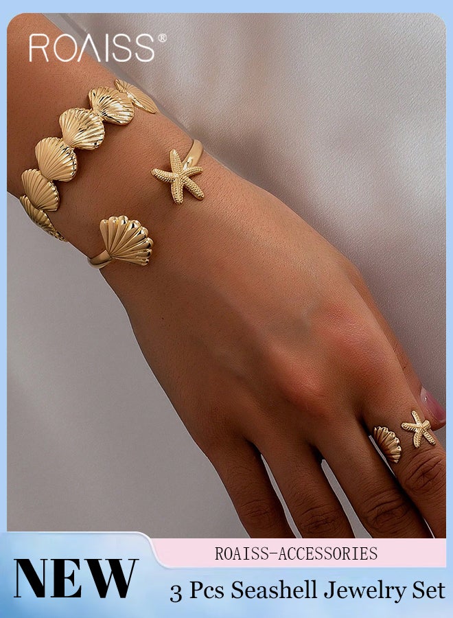 رويس طقم مكون من 3 قطع من سوار وخاتم على شكل صدفة نجم البحر المعدنية، بفتحة قابلة للتعديل، تصميم أنيق وبسيط مناسب للارتداء اليومي، والحفلات، والإجازات، وإطلالة الشاطئ - Image 1