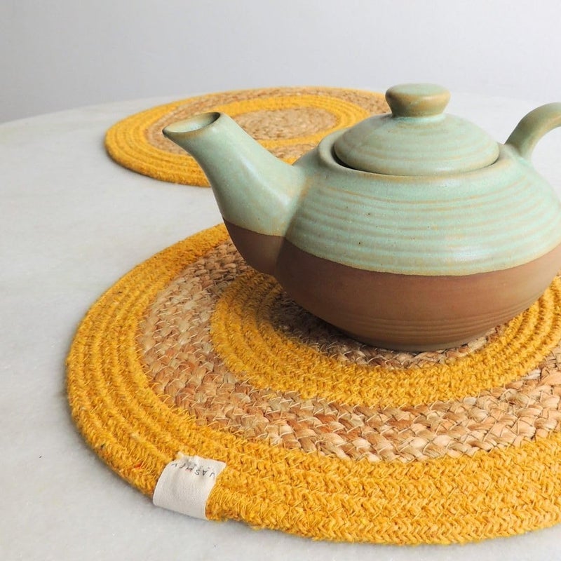 JASMEY HOMES Set of 2 Dining Table Mat 30cm Round Mat Yellow Double Ring Used as Centre Table dcor placematHouse Warming Gifts for New Home - Image 1