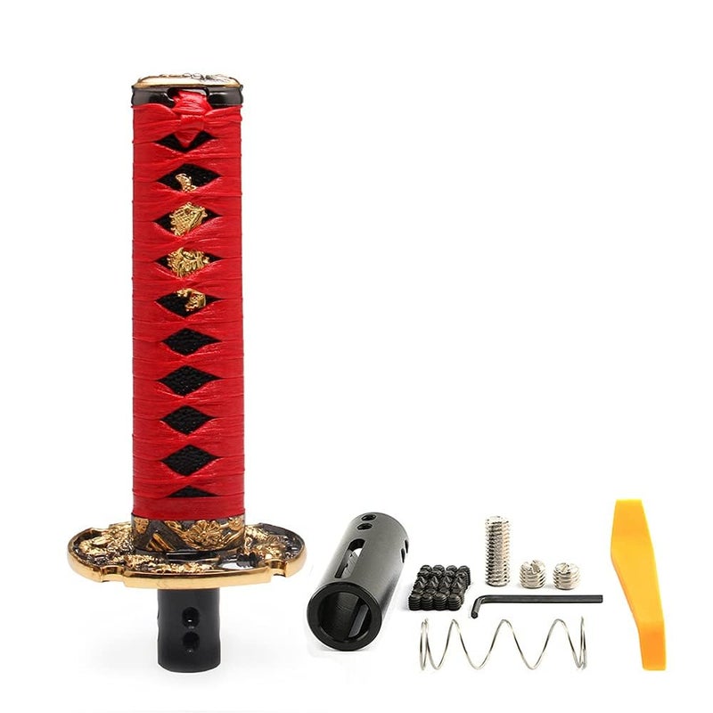 GSTP Automatic Katana Shift Knob Samurai Sword Weighted Gear Shifter Konb Universal for Cars with Lock Button 15cm Red - Image 3