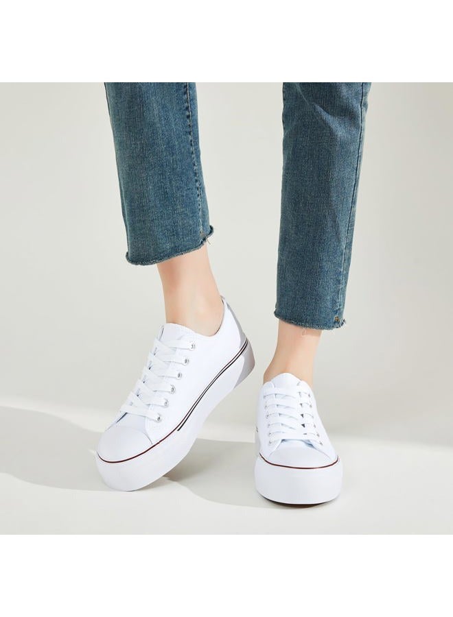 SERNIAL Womens White Platform Sneakers Low Top Platform Shoes Black Canvas Shoes for Women(White,US6) - Image 2