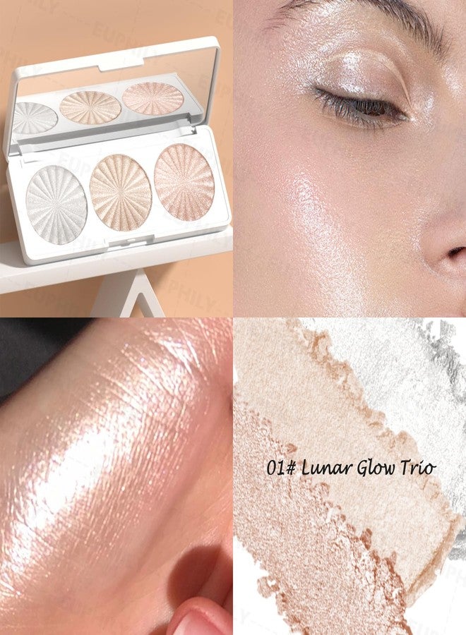 Euphily 3 Colors Highlighter Makeup Palette, Face Highlight Makeup Contour Powder, Waterproof Long Lasting Glitter Face Illuminator Highlighter for Women, 01 Lunar Glow Trio - Image 3