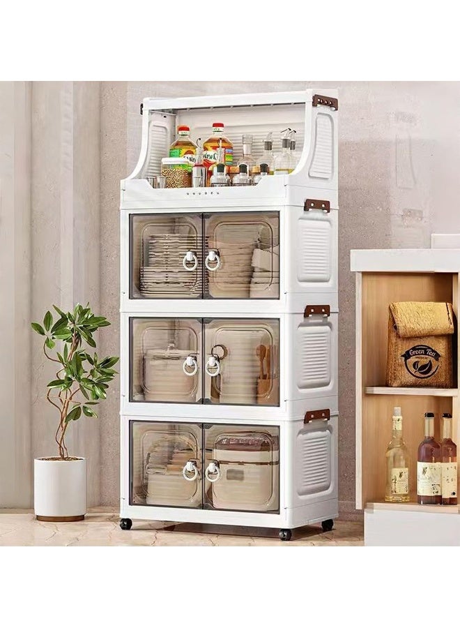 خزانة تخزين بلاستيكية بأربعة طبقات مزودة بأبواب وعجلات، منظم متعدد الأغراض للمطبخ والمنزل، 37 × 24 × 85.5 سم - أبيض - Image 1