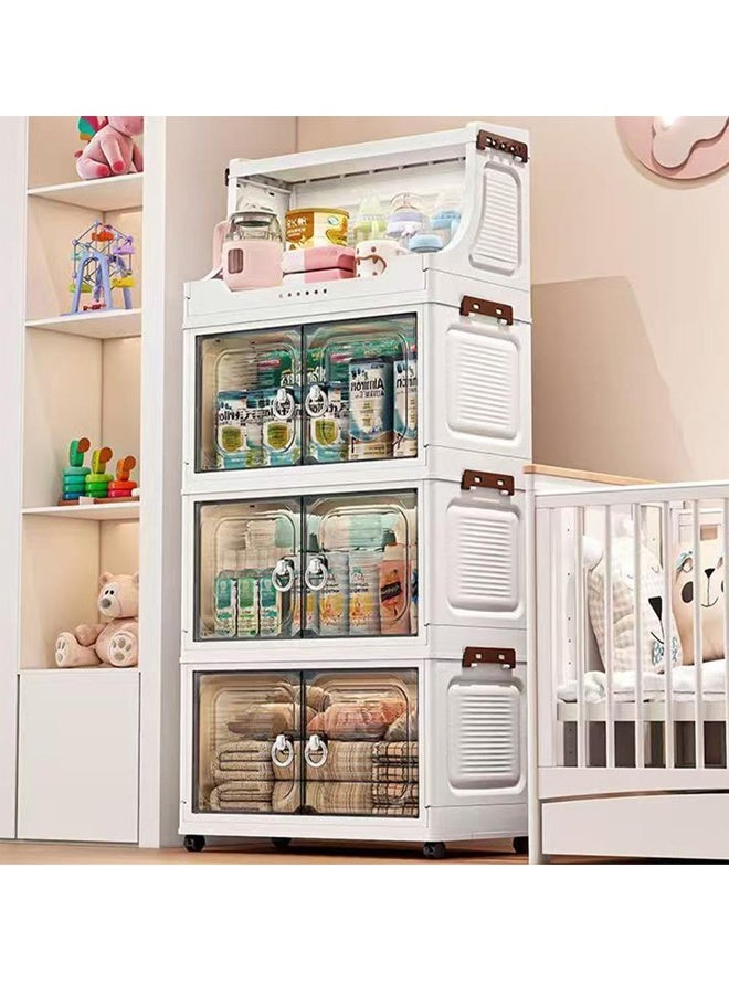 خزانة تخزين بلاستيكية بأربعة طبقات مزودة بأبواب وعجلات، منظم متعدد الأغراض للمطبخ والمنزل، 37 × 24 × 85.5 سم - أبيض - Image 3