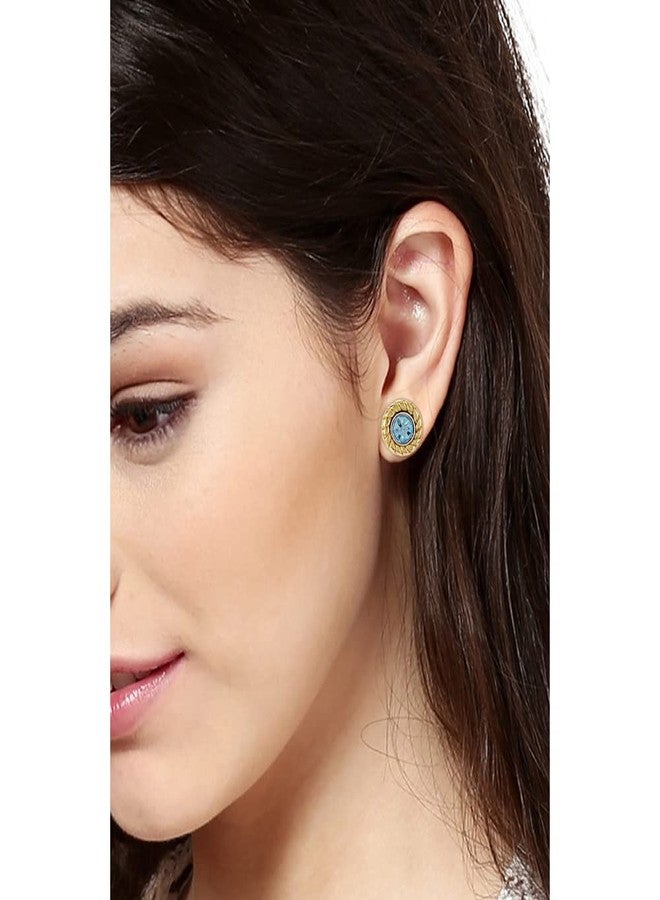 Estele Women's 24Kt Gold Tone Plated Blue Stone Round Stud Earrings - Image 4