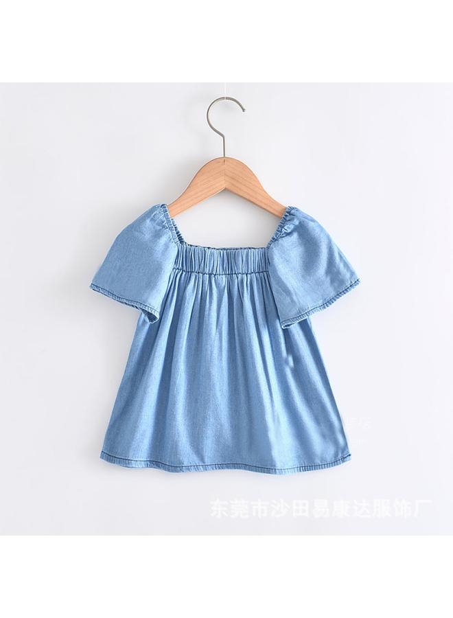Girls Summer New Baby Children's Wear Stylish Denim Shoulder Cotton Short-sleeved Top Fashionable Shirt 