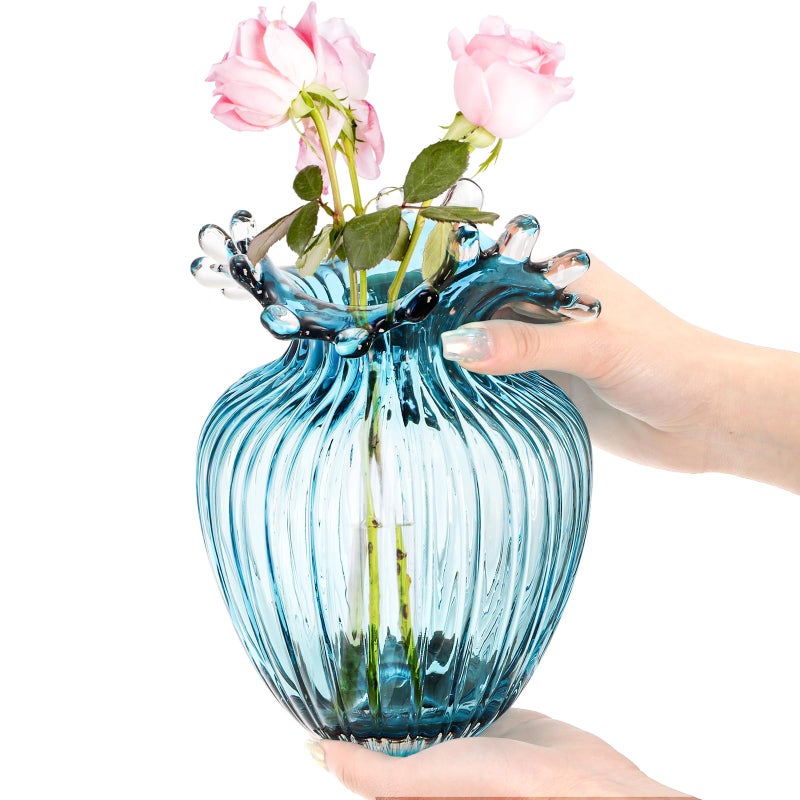 ZAVOOS Hand Blown Glass Vase, Modern Art Decorative Blue Vase for Flower Plants, Unique Bubble Waves Mouth Vase for Home Decor, Living Room Centerpieces, Table Bouquet, Wedding Decoration - Image 3