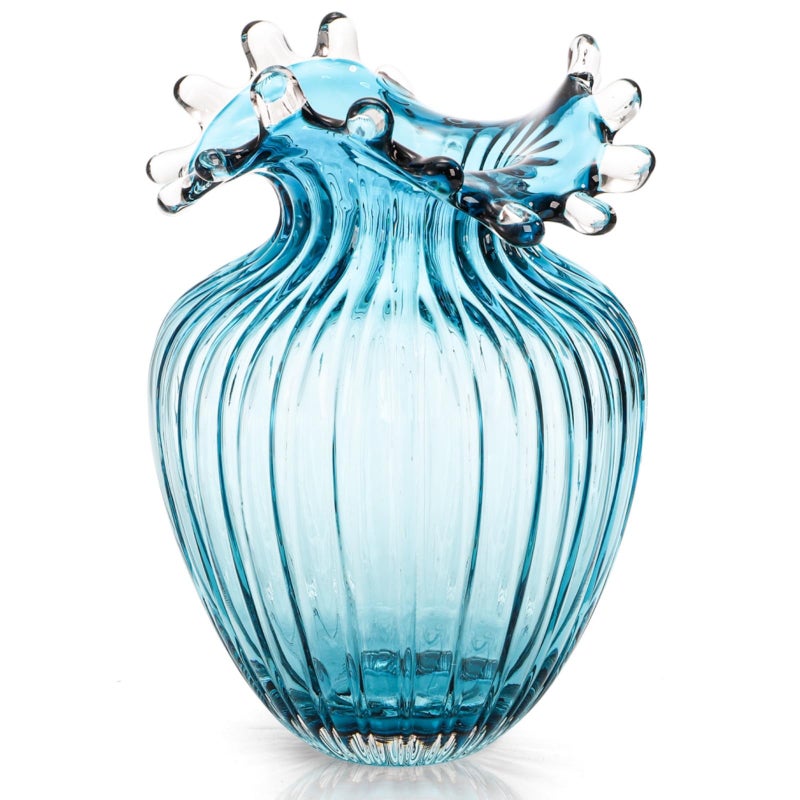 ZAVOOS Hand Blown Glass Vase, Modern Art Decorative Blue Vase for Flower Plants, Unique Bubble Waves Mouth Vase for Home Decor, Living Room Centerpieces, Table Bouquet, Wedding Decoration - Image 1