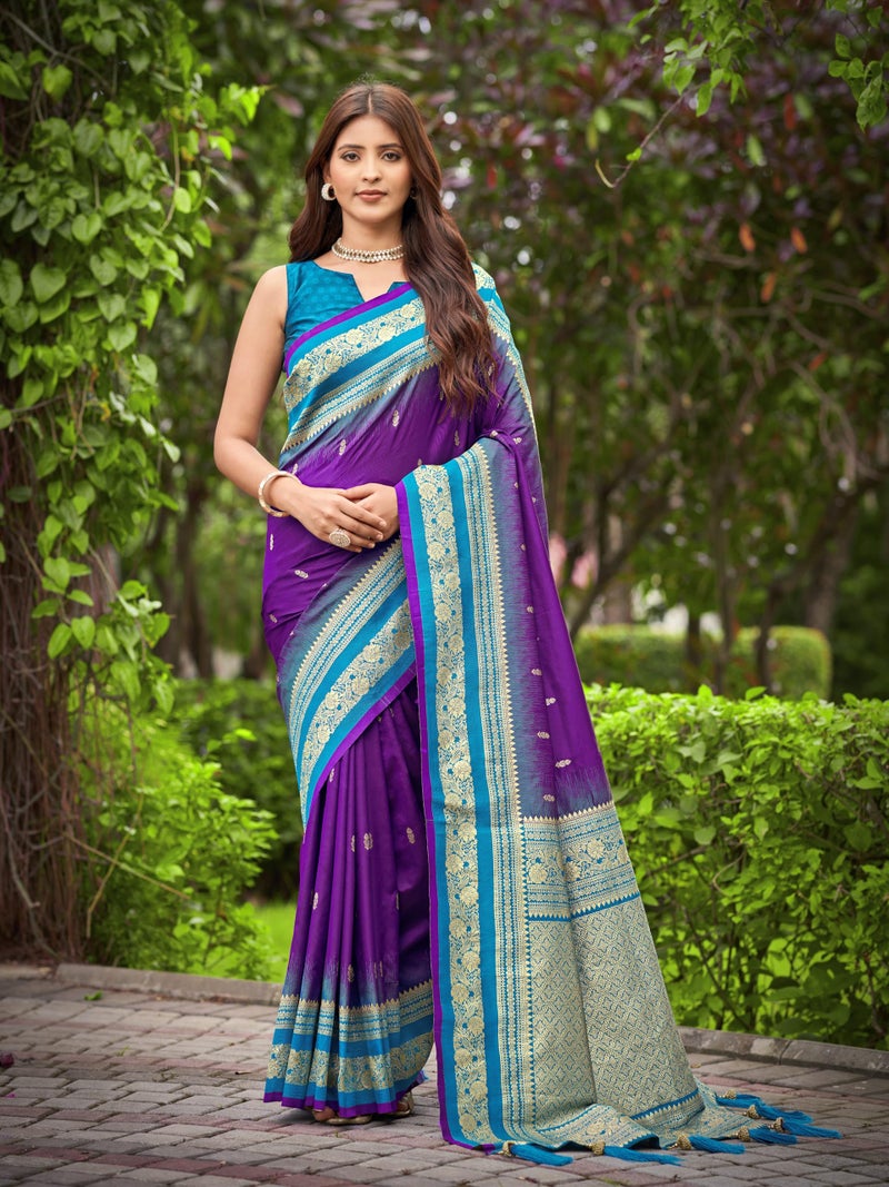 MANOHARI Women's Most Trendy Banarasi Satin Silk Woven Dark Purple & Blue Saree With Heavy Jacquard Work Saree With Blouse Piece_MN2059 - Image 2