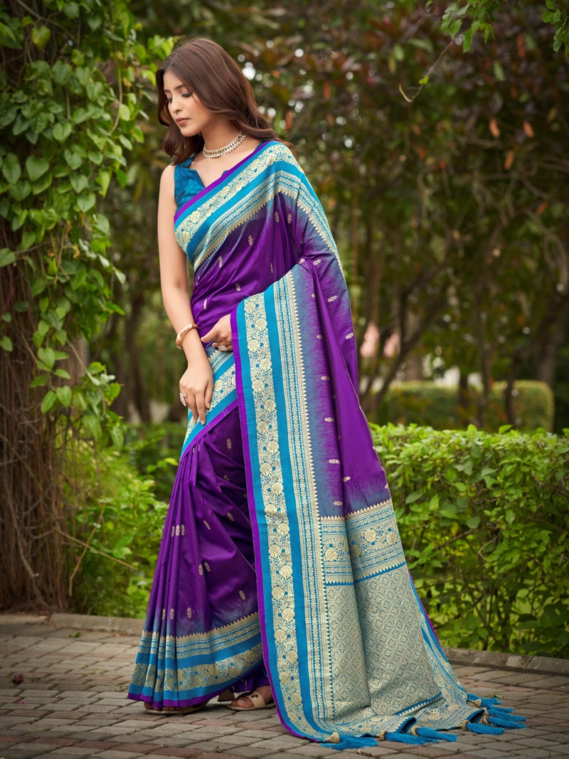 MANOHARI Women's Most Trendy Banarasi Satin Silk Woven Dark Purple & Blue Saree With Heavy Jacquard Work Saree With Blouse Piece_MN2059 - Image 3