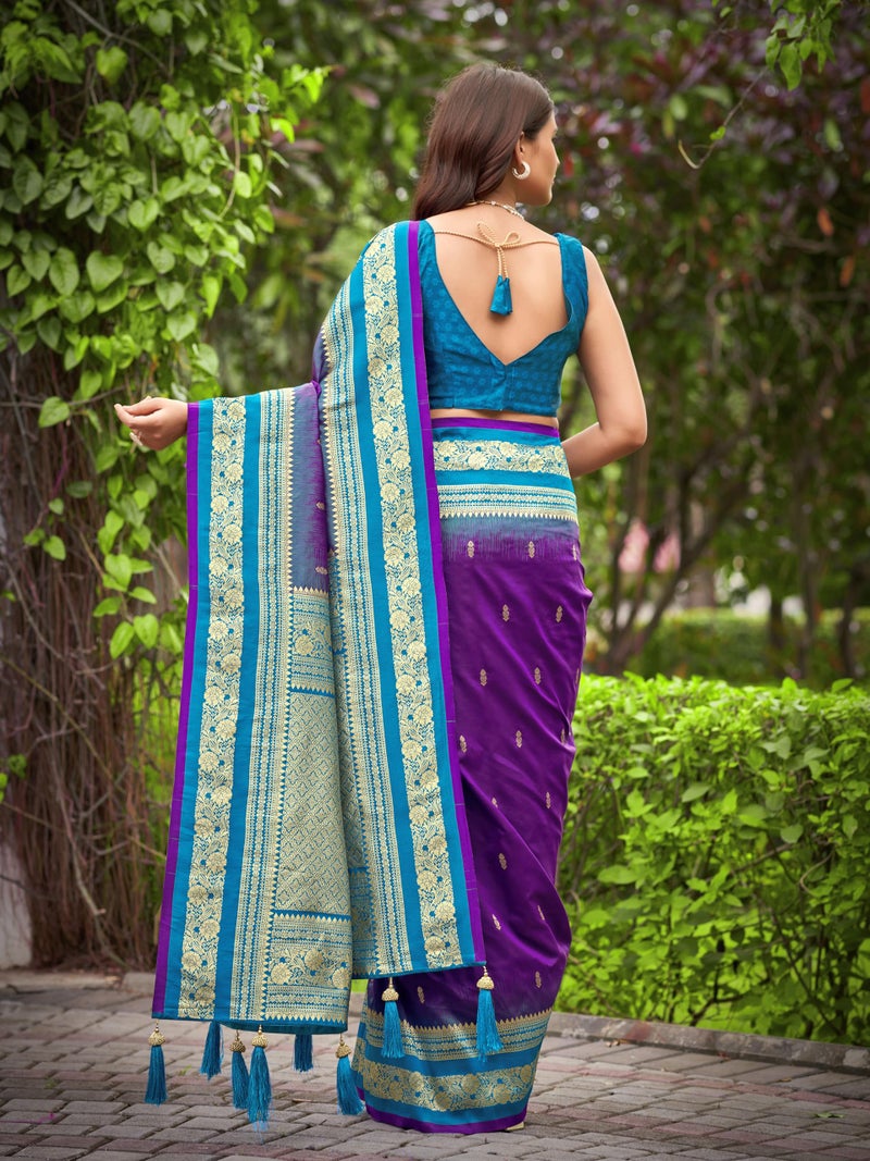 MANOHARI Women's Most Trendy Banarasi Satin Silk Woven Dark Purple & Blue Saree With Heavy Jacquard Work Saree With Blouse Piece_MN2059 - Image 4