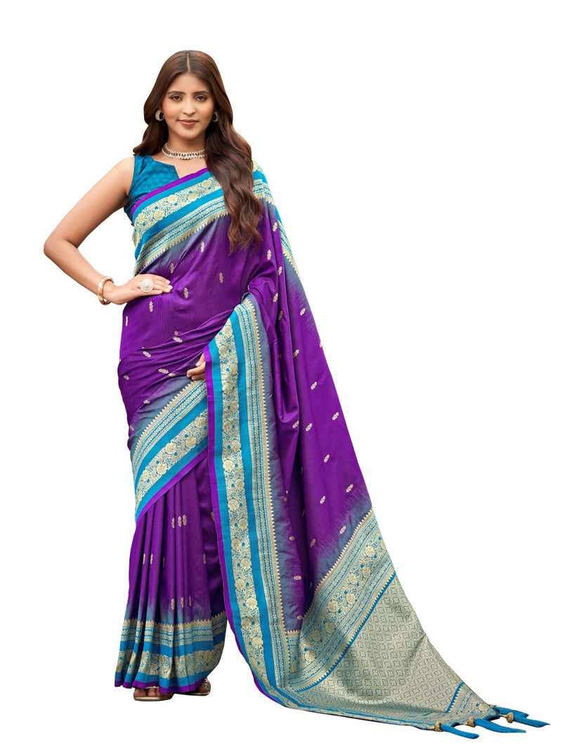 MANOHARI Women's Most Trendy Banarasi Satin Silk Woven Dark Purple & Blue Saree With Heavy Jacquard Work Saree With Blouse Piece_MN2059 - Image 1