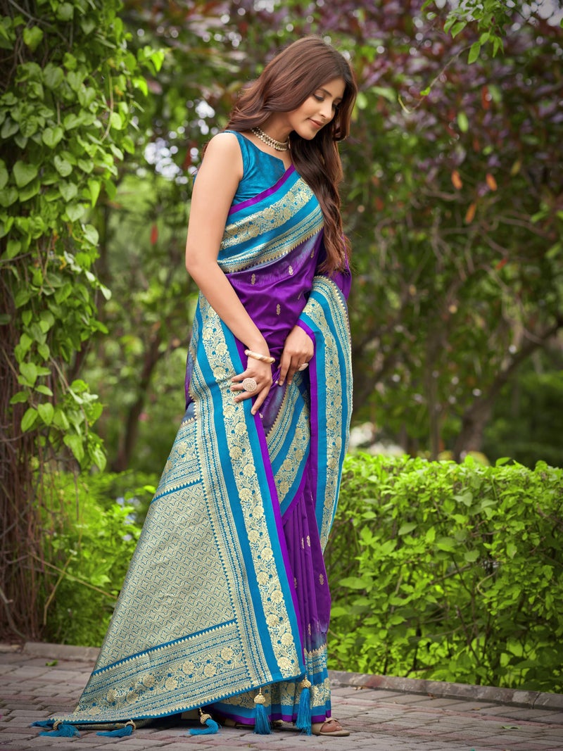 MANOHARI Women's Most Trendy Banarasi Satin Silk Woven Dark Purple & Blue Saree With Heavy Jacquard Work Saree With Blouse Piece_MN2059 - Image 5