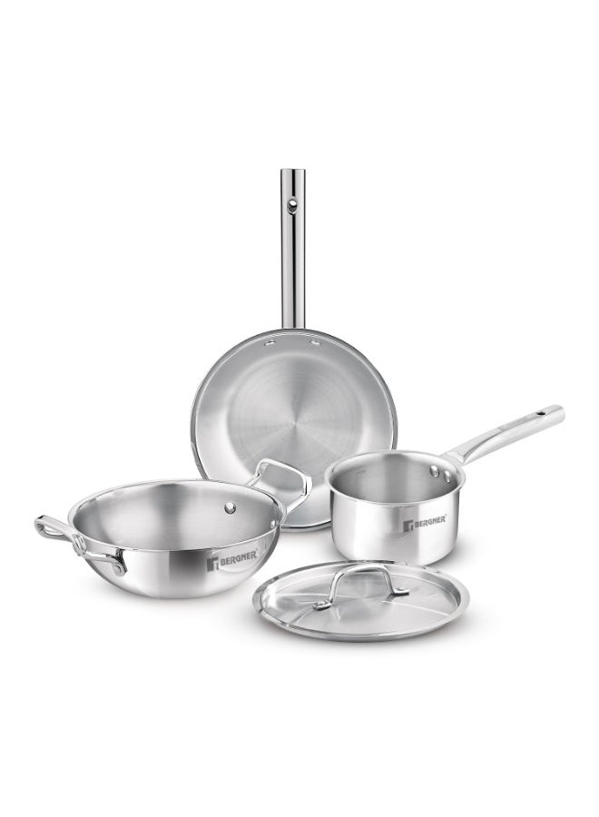 Bergner TriPro Triply Stainless Steel 6 Pcs Cookware Set - 22cm/2.1L Kadai and 22cm/1L Frypan with Common Lid, 14cm/1.1L Teapan, 20cm/3.4L Casserole with Lid, Less Oil Use - Induction Bottom - Image 3