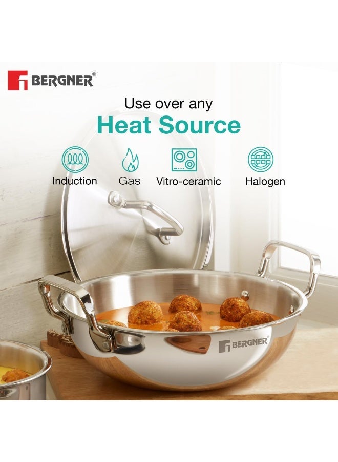 Bergner TriPro Triply Stainless Steel 6 Pcs Cookware Set - 22cm/2.1L Kadai and 22cm/1L Frypan with Common Lid, 14cm/1.1L Teapan, 20cm/3.4L Casserole with Lid, Less Oil Use - Induction Bottom - Image 4