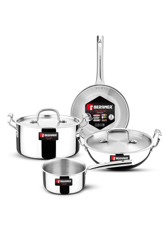 Bergner TriPro Triply Stainless Steel 6 Pcs Cookware Set - 22cm/2.1L Kadai and 22cm/1L Frypan with Common Lid, 14cm/1.1L Teapan, 20cm/3.4L Casserole with Lid, Less Oil Use - Induction Bottom - Image 1
