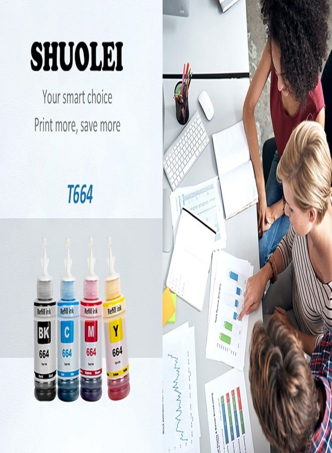 664 T664 Ink Compatible with Epson T664 Refill Ink Bottles Work with EcoTank ET-2650 ET-2500 ET-2550 ET-2600 ET-4500 ET-14000 L100 L110 L120 L200 L210 L300 L350 L355 L550 L555 Printer(4-Pack) - Image 4