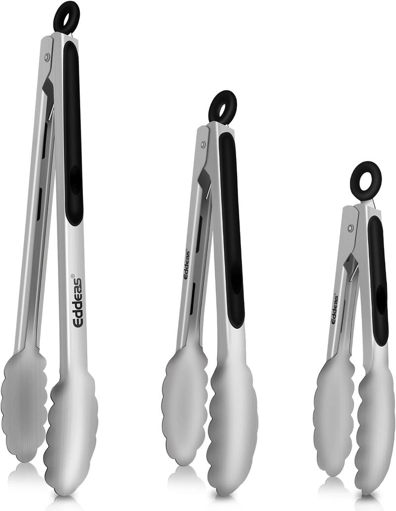 Eddeas Tongs For Cooking - Heat Resistant 600 Degrees Stainless Steel Kitchen Tong,Heavy Duty Metal Locking Tongs - Perfect for Food,Salad and BBQ set of 3 (7",9" and 12") Dishwasher - Image 1