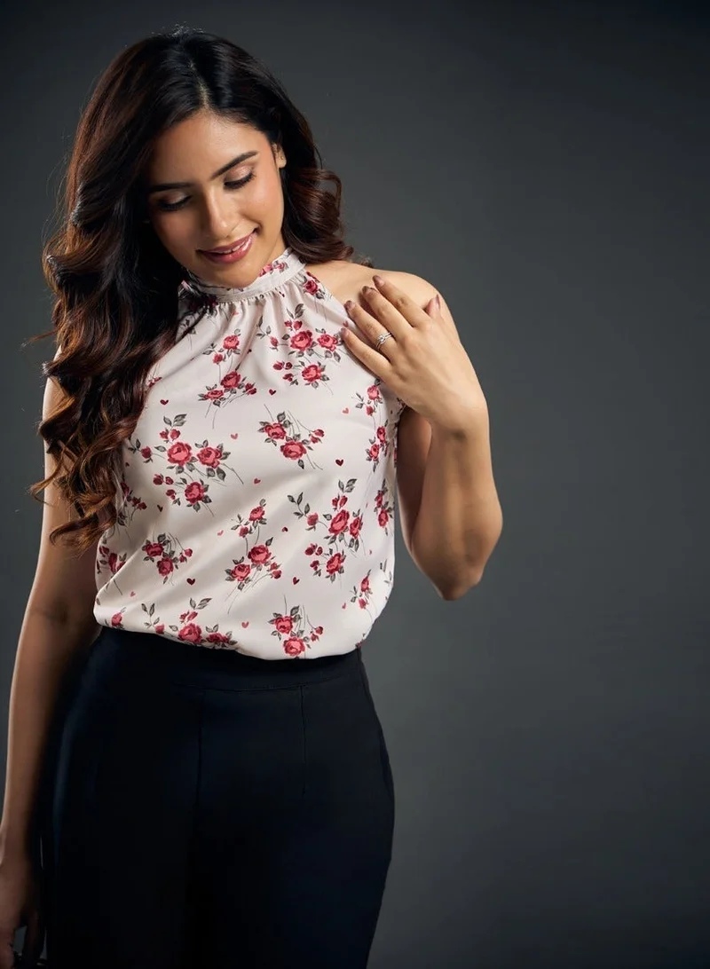 Zigzag Neck Pleated Rose Printed Satin Halter Neck Top
