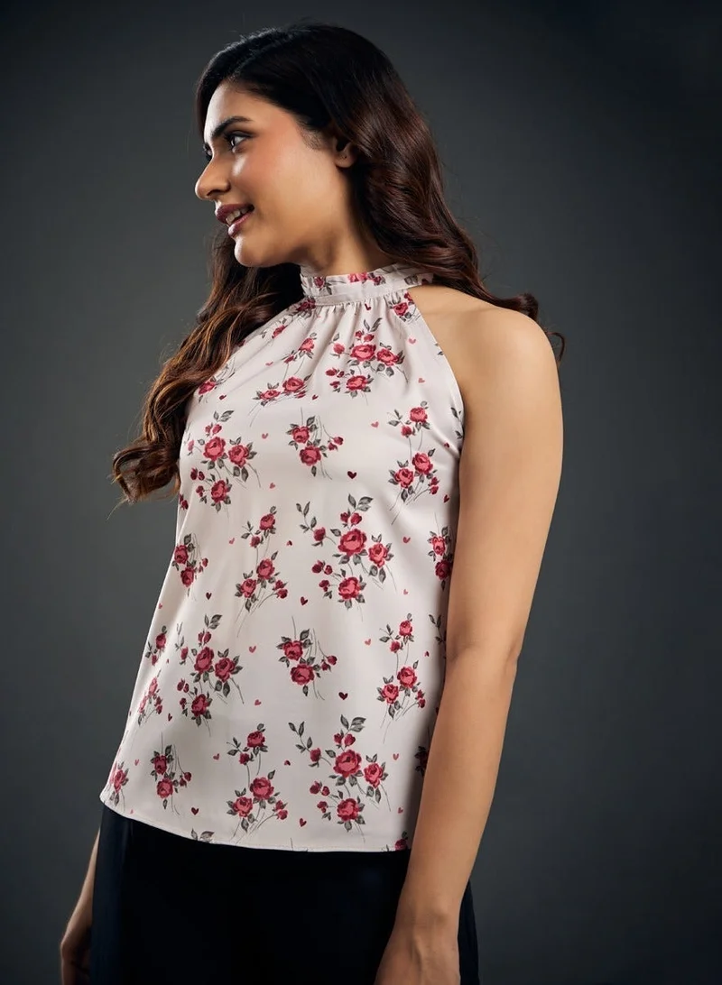 Zigzag Neck Pleated Rose Printed Satin Halter Neck Top