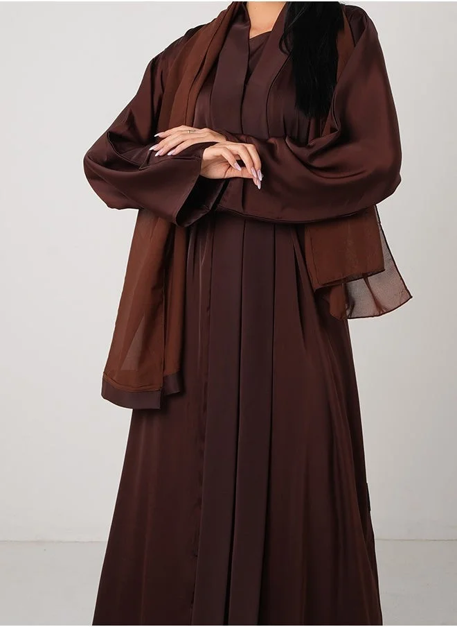 جميلة Brown Classic Open Abaya 3 pieces Set