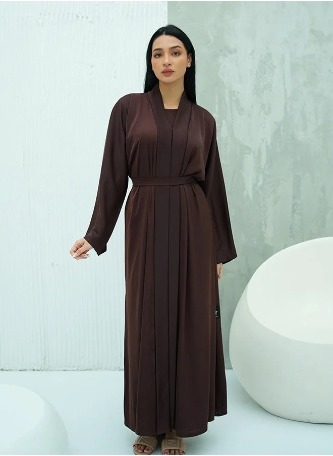 جميلة Brown Classic Open Abaya 3 pieces Set