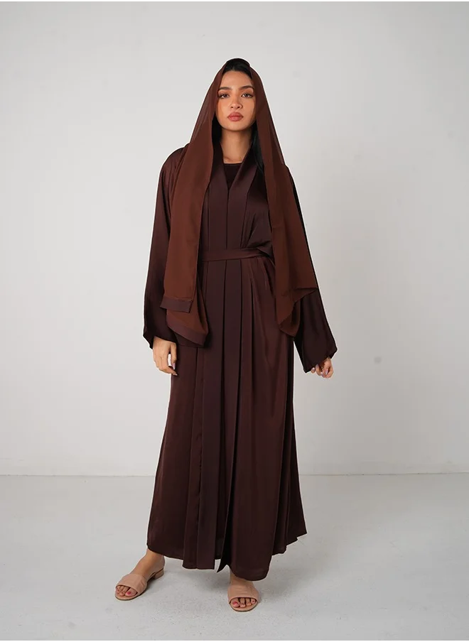 جميلة Brown Classic Open Abaya 3 pieces Set