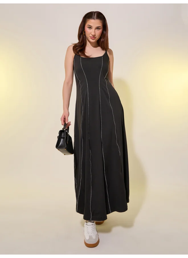تايك تو Take Two Solid Contrast Trim Sleeveless A-Line Midi Dress