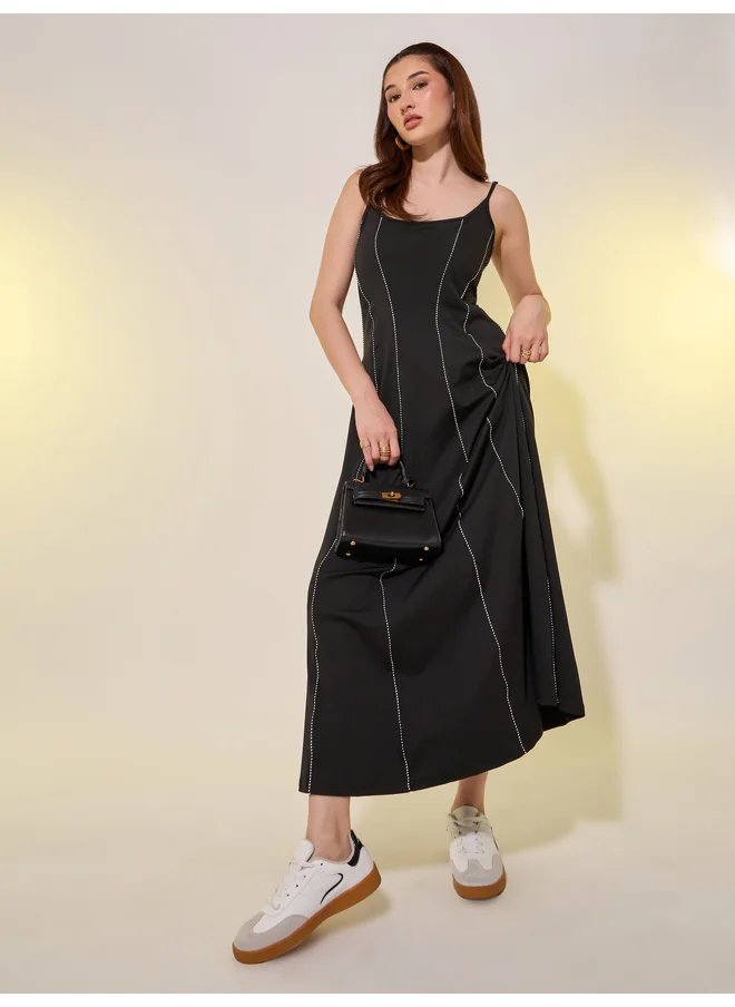تايك تو Take Two Solid Contrast Trim Sleeveless A-Line Midi Dress