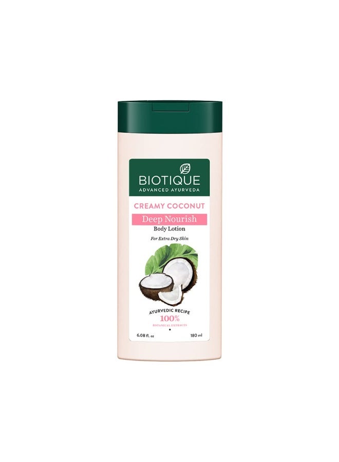 Biotique Creamy Coconut Deep Nourish Body lotion For Extra Dry Skin | Heals, Repairs, and Soothes the Skin | Moisturizing and Skin-Humidifying | 100% Botanical Extracts| All Skin Types | 180ml - Image 1