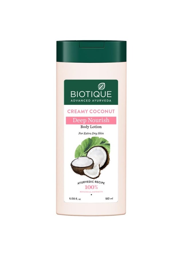 Biotique Creamy Coconut Deep Nourish Body lotion For Extra Dry Skin | Heals, Repairs, and Soothes the Skin | Moisturizing and Skin-Humidifying | 100% Botanical Extracts| All Skin Types | 180ml - Image 2