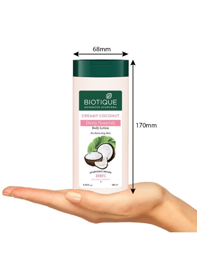Biotique Creamy Coconut Deep Nourish Body lotion For Extra Dry Skin | Heals, Repairs, and Soothes the Skin | Moisturizing and Skin-Humidifying | 100% Botanical Extracts| All Skin Types | 180ml - Image 4