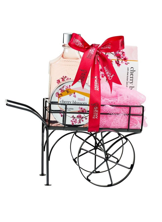 Freida and Joe - Deluxe Cherry Blossom Bath Body & Spa Set For Women In An Elegant Reusable Wheelbarrow: Shower Gel Bath Salts Body Cream Lotion And Bath Puff With Shea Butter & Vitamin E Relaxation Spa Basket - Image 1