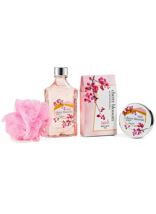 Freida and Joe - Deluxe Cherry Blossom Bath Body & Spa Set For Women In An Elegant Reusable Wheelbarrow: Shower Gel Bath Salts Body Cream Lotion And Bath Puff With Shea Butter & Vitamin E Relaxation Spa Basket - Image 1