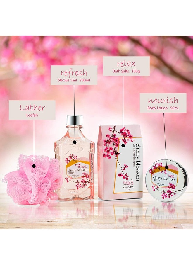 Freida and Joe - Deluxe Cherry Blossom Bath Body & Spa Set For Women In An Elegant Reusable Wheelbarrow: Shower Gel Bath Salts Body Cream Lotion And Bath Puff With Shea Butter & Vitamin E Relaxation Spa Basket - Image 1