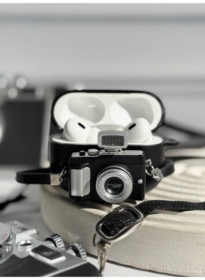 Unique 3D Vintage Camera Design Silicone Case for AirPods Pro 2 - Cute Shockproof Protective Cover with Strap - Image 5