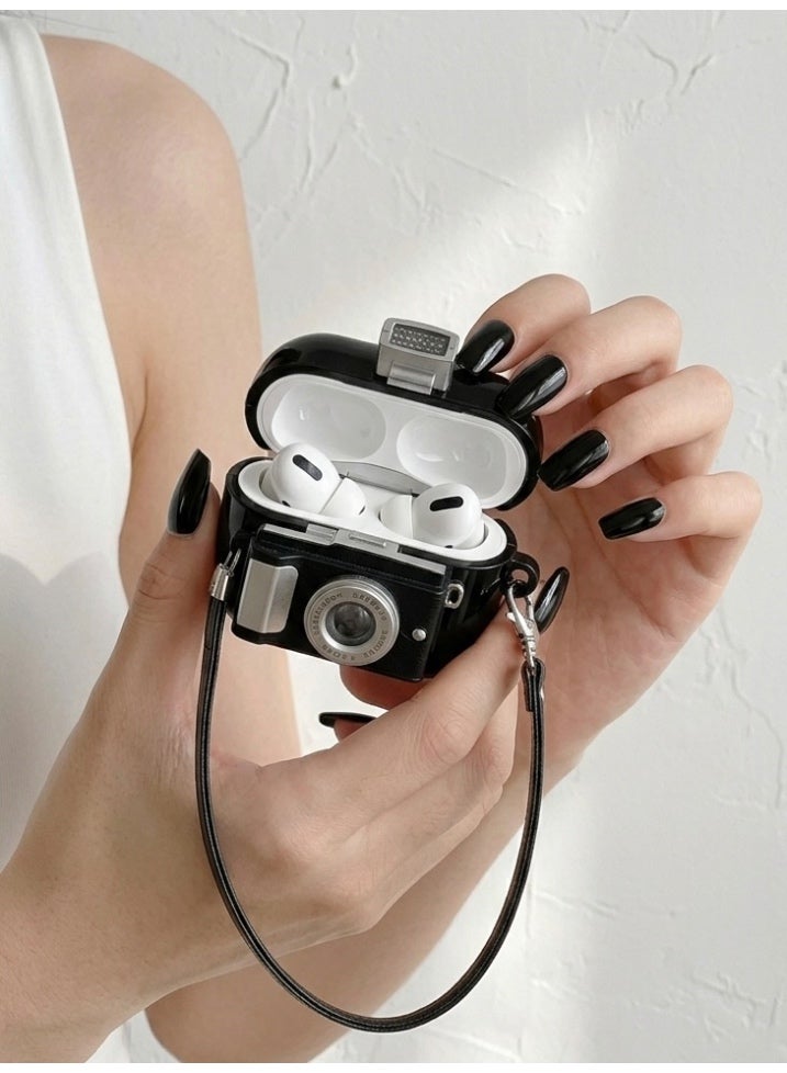 Unique 3D Vintage Camera Design Silicone Case for AirPods Pro 2 - Cute Shockproof Protective Cover with Strap - Image 2