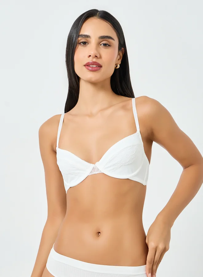 Take Two White Solid Lace Padded Wired Bra