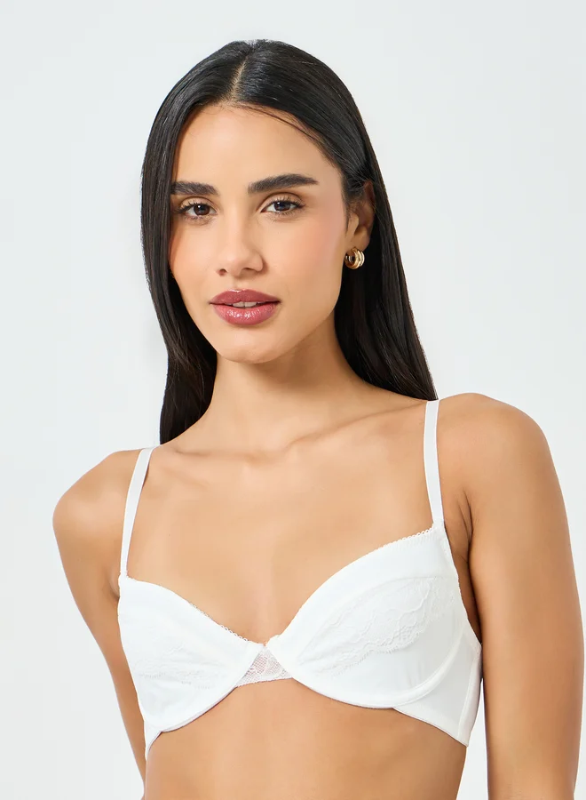 Take Two White Solid Lace Padded Wired Bra