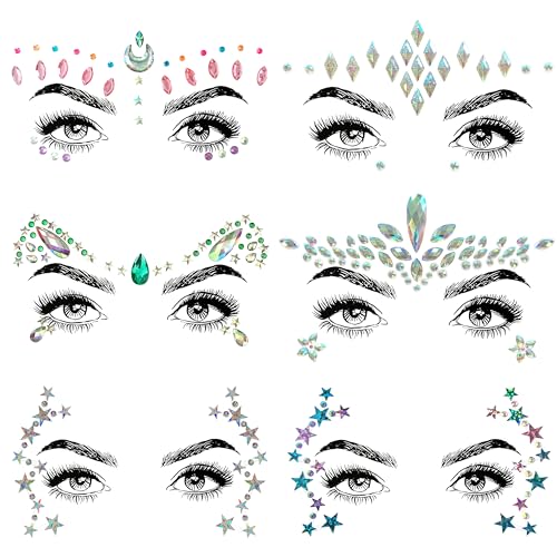 SHINEYES 6 Pcs Music Festival Face Jewels, Rhinestone Rave Gems Glitter, Crystal Birthday Party Face Stickers, Eyes Body Temporary Tattoos - Image 1