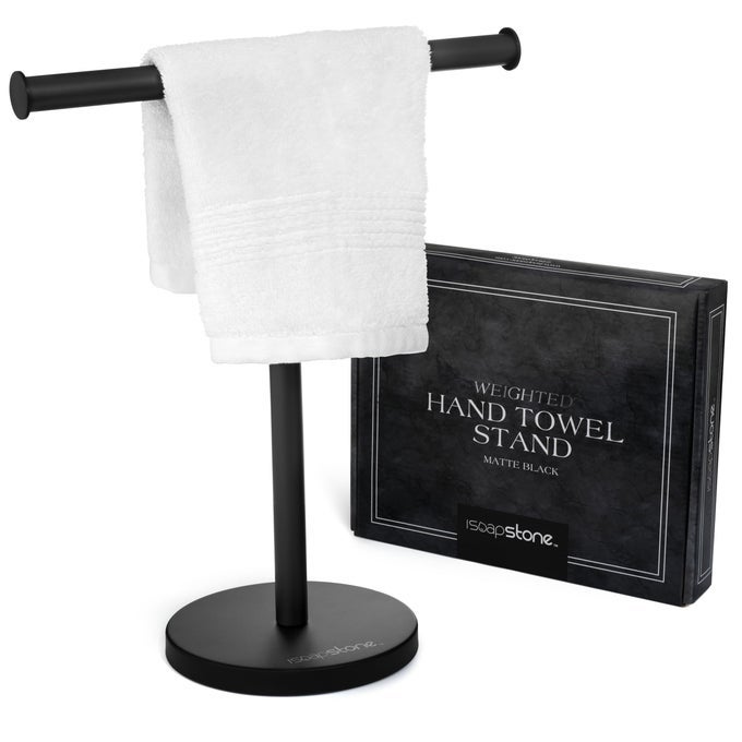 LUXURY HAND TOWEL HOLDER STAND WITH HEAVY WEIGHTED BASE MATTE BLACK TOWEL RACK TSHAPE FREESTANDING TOWEL STAND FOR BATHROOM VANITY OR KITCHEN COUNTERTOP WATERPROOF COUNTER ORGANIZER