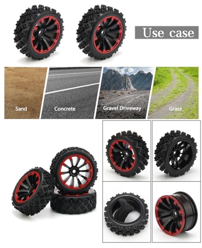 JIUWU 4PCS Tires and Wheels Sets for Various Remote-Controlled Cars - 1/10 1/14 Scale RC Crawler Car Upgrades - Black Red Rubber Beadlock Wheels & Rims with 12mm Hex - Enhanced Grip for Off-Road - Image 2
