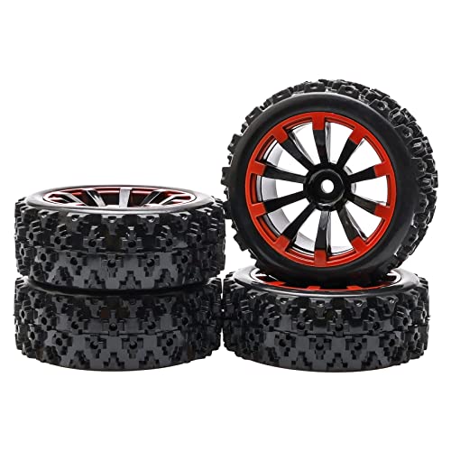 JIUWU 4PCS Tires and Wheels Sets for Various Remote-Controlled Cars - 1/10 1/14 Scale RC Crawler Car Upgrades - Black Red Rubber Beadlock Wheels & Rims with 12mm Hex - Enhanced Grip for Off-Road - Image 1