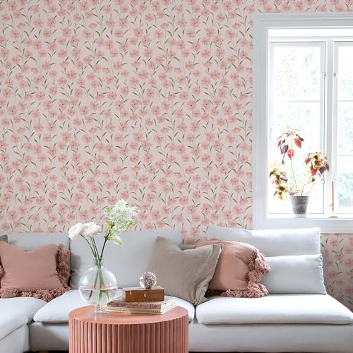 Simon&Siff Pink Floral Peel and Stick Wallpaper 17.3"x400" Vintage Green Leaves Wall Paper Self Adhesive Removable Botanical Waterproof Contact Paper for Bedroom Cabinet - Image 3