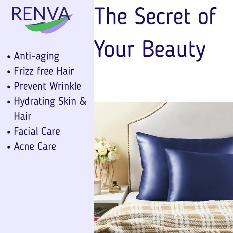 RENVA Set of 2 Satin Silk Pillowcase for Hair and Skin Standard Size 18"X 28" with Soft Breathable Smooth Cooling Pillow Covers for Sleeping (2, Blue) - Image 4