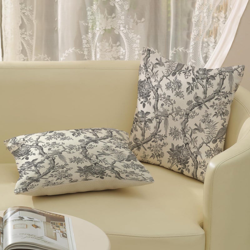 GOLIANDA Black Floral Bird Pillow Covers 18x18 Set of 2 Chinoiserie Throw Pillows Black Vintage Flowers Bird Decorative Pillow Cases Outdoor Chinoiserie Decor Farmhouse Cushion Case for Couch Sofa - Image 4