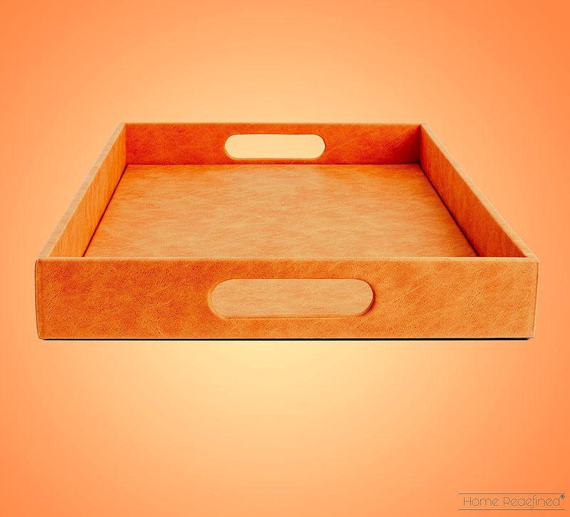 Home Redefined Beautiful Modern Elegant 17.5"x12" Rectangle Orange Faux Leather Decorative Tray Ottoman Coffee Table Perfume Living Room Kitchen Serving Tray with Handles for All Occasion's - Image 4